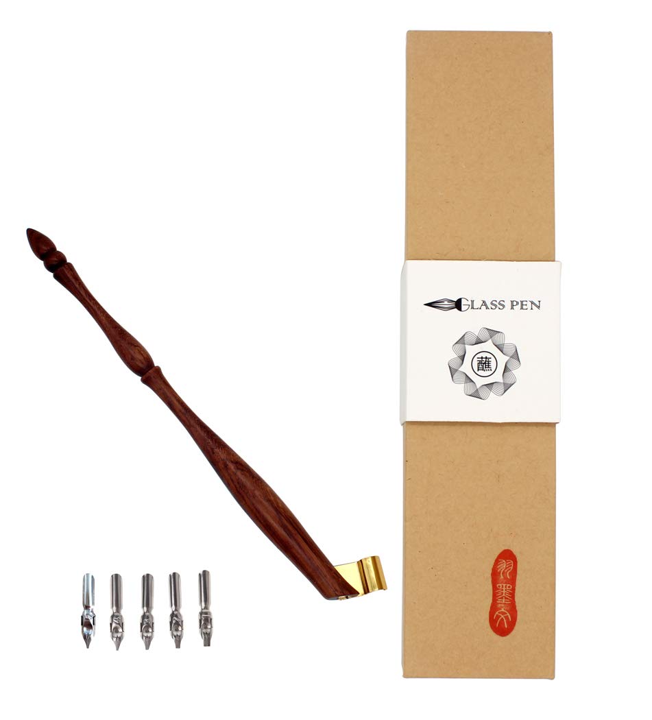 Hillento Oblique Calligraphy Fountain Pen Holder, English Feather Quill Calligraphy English Script, Antique Copper Engraving Manuscript Nib + 5 Flat Nibs, Redwood