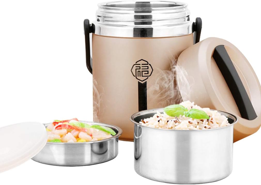 Baabyoo Bento Boxes Lunch Box Stainless Steel Food Jar 3 Tiers Vacuum Insulated Food Container Thermal Lunch Container Leak Proof Food Savors with Handles 1.6L Holding Time 6-8hr 8x5'' (Gold)