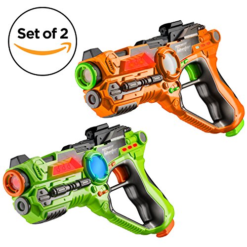 Set of 2 Infrared Laser Tag Guns, 2 Player Indoor and Outdoor Team Game - by Toydaloo (Orange, Green)