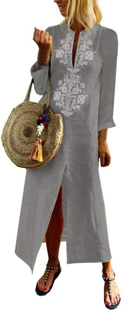 Aierwen Boho Long Maxi Dress Long Sleeve V-Neck Women Clothes Loose Ladies Party Casual Beach Sundress