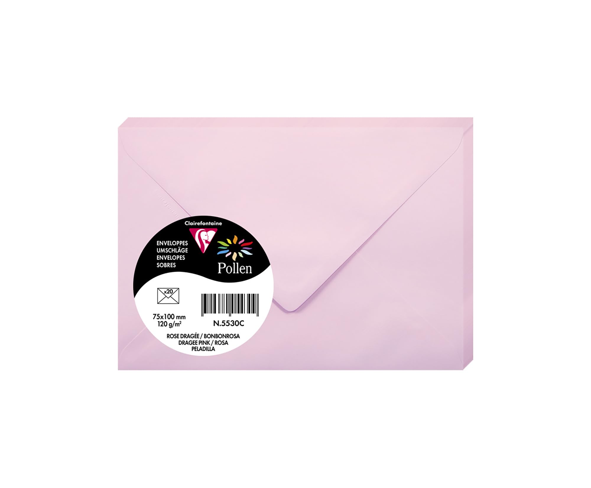 Clairefontaine 5530C Pack of 20 Gummed Envelopes Format 7,5x10cm 120g/m² Dragée Pink Invitation Events and Correspondence Range Pollen Premium Smooth Paper