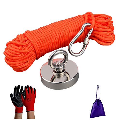 Mutuactor Fishing Magnets 350lbs Pull Force,Strong Retrieval Magnet N52 Neodymium Magnets with 20m(64 Foot) Durable Rope and Gloves,Powerful Magnets for Fishing and Magnetic Recovery Salvage