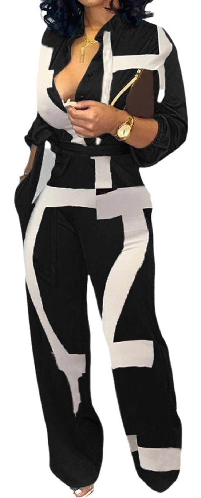 Photo 1 of Business Jumpsuits For Women Elegant V Neck Zipper Long Sleeve Sexy Contrast Printing Decorative Strap Straight Long Pants Rompers With Pockets