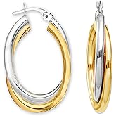 LeCalla 925 Sterling Silver Chunky Hoop Earrings | 14K Two-Tone Three-Tone Hoop Earrings | Intertwining Oval Shape Polished Twisted Hoop Earrings for Women