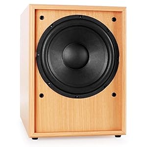 auna Linie-300-SW-BH – actieve subwoofer, HiFi Sub, 150 Watt RMS, 10″woofer, geïntegreerde versterker, automatisch inschakelen, basreflex, houten behuizing, afneembare luidsprekerkap, beuken