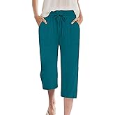 MLXSJ Womens Capri Pants Summer Wide Leg High Waisted Pants Drawstring Casual Trousers with Pockets (Blue Green, L)
