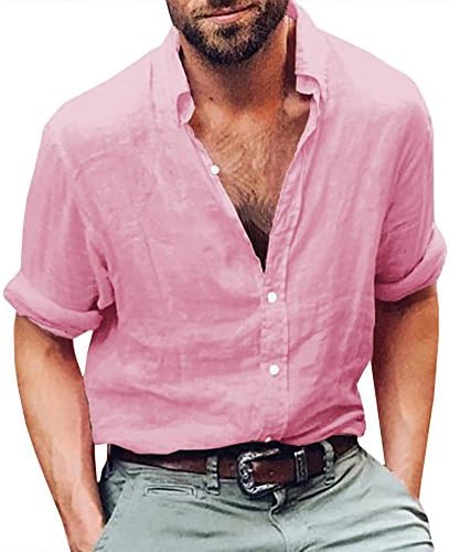 Mens Linen Shirts Long Sleeve Button Down Cotton Summer Casual Loose Fit Tops