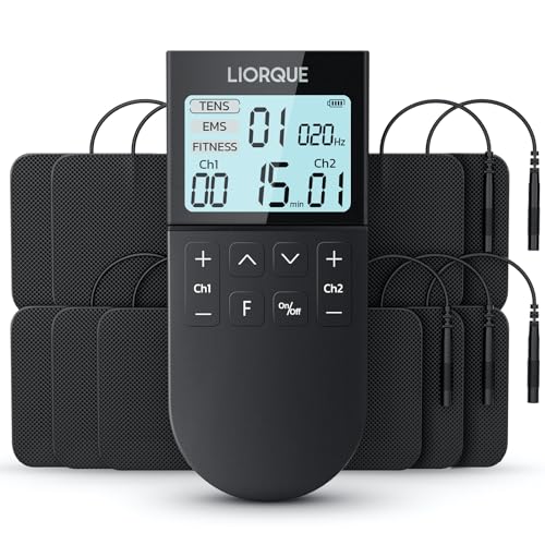 LIORQUE Muscle Electrostimulator, TENS/EMS/FITNESS Electrostimulator 3 in 1, 50 Modes, 10 Pcs TENS Electrodes, 16 Intensity Levels for Pain Relief (Black)