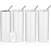 PYD Life Sublimation Blanks Skinny Tumbler White 20 OZ Straight Stainless Steel with Metal Straw for Mug Tumbler Heat Press Machine Sublimation Printing 4 Pack