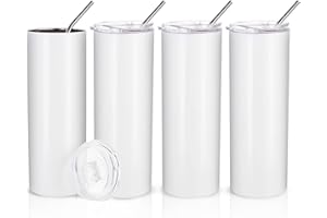 PYD Life Skinny 20 OZ Straight Stainless Steel White Tumbler with Metal Straw for Heat Press Machine Printing 4 Pack