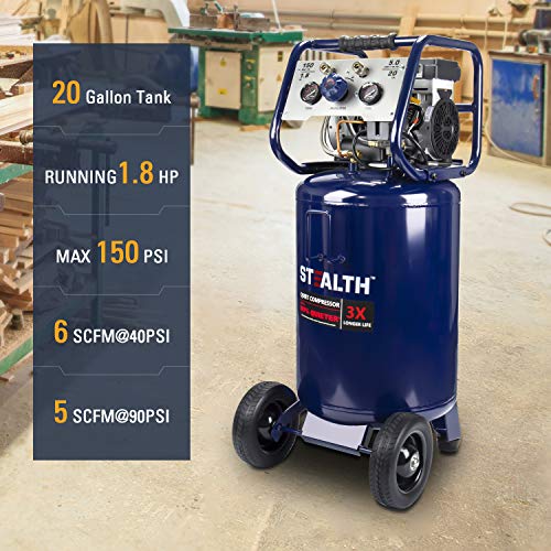 Stealth 20 Gallon Ultra Quiet Air Compressor,1.8 HP OilFree Peak 150