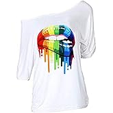 MAGICMK Women Casual Plus Size Lips Print Off Shoulder T-Shirt Tops
