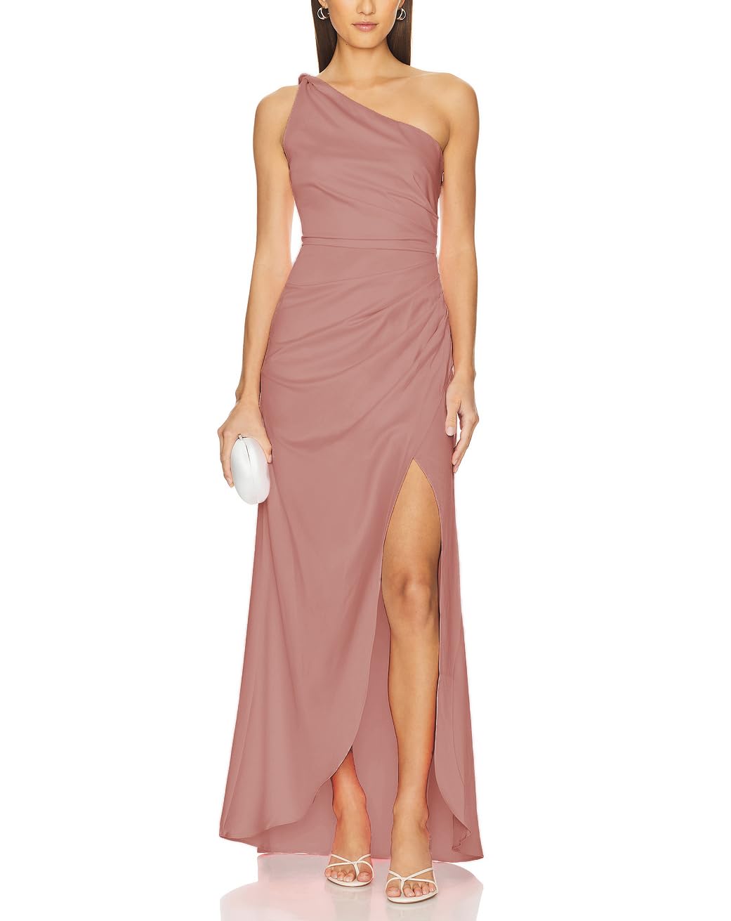 Photo 1 of Capuffy Women's Sexy One Shoulder Long Formal Dress Ruched Waist High Split Cocktail Wedding Guest Party Maxi Dress 02(Khaki,M)