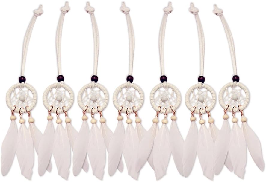 Mini Dream Catcher 7pcs Set - Car Interior Rearview Mirror Dangle Bag Pendant Charm 1.2" Diameter and 9" Long (White)