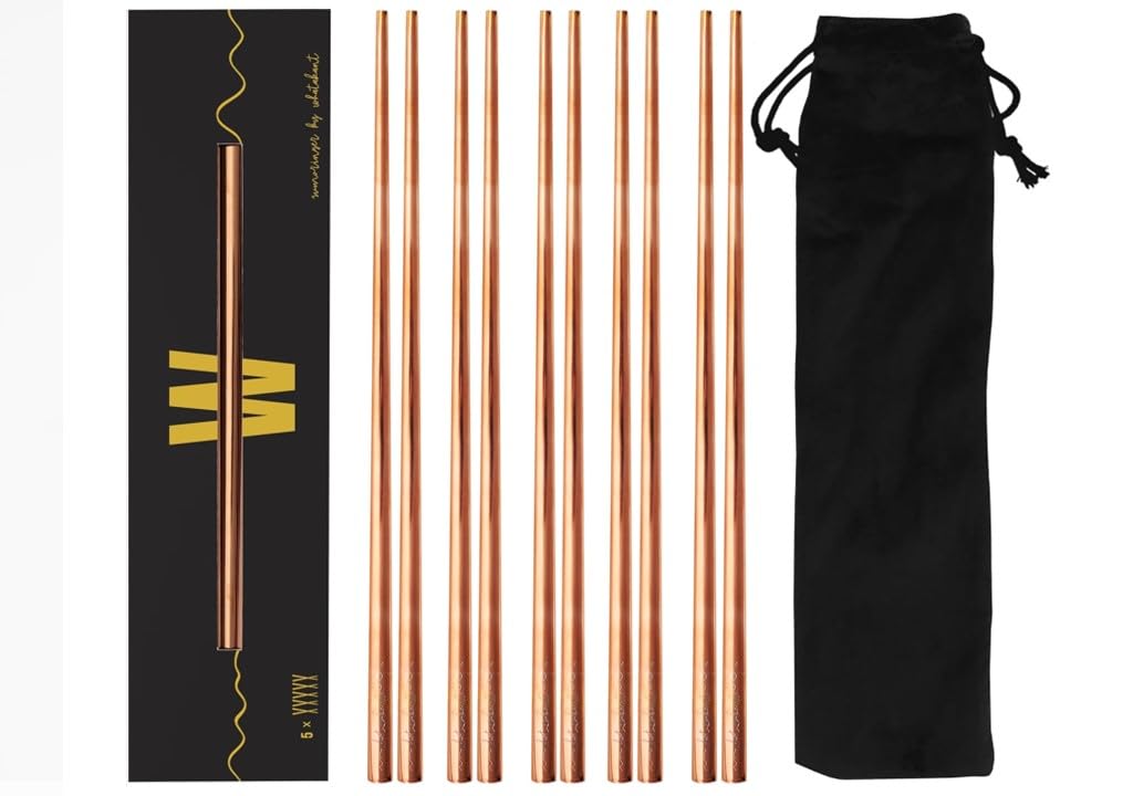 WHATAKANT - Sumoringer Stainless Steel Chopsticks | Set of 10 in Copper | Sustainable & Reusable Sushi Sticks with Velvet Bag to Go | Japanese Chopsticks Dishwasher Safe | 23 cm Length