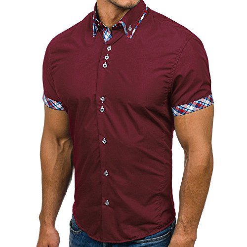 Ximandi Men's Summer Double Collar Slim Patchwork Short Sleeved T-Shirt Top Blouse Wine Red