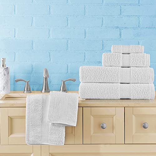 Sweet Needle Set of 6 Towels - 2 Bath Towels, 2 Hand Towels and 2 Washcloths Cotton Daily Use, Hotel Quality, Soft, Highly Absorbent, Quick Dry, Lightweight (White)