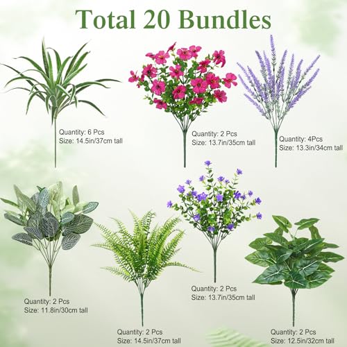 UXORSN 20PCS Artificial Plants Outdoor Fake Flowers UV Resistant Artificial Flowers Greenery Stems Boston Fern Lavender Faux Shrubs Plastic Plant for Garden Porch Planter Window Box Decor