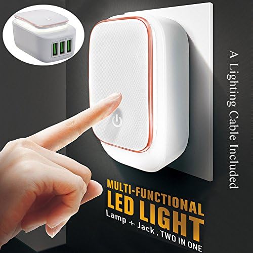 USide 3 Port Smart USB Wall Charger with Touch Sensor Night Light, Dimmable on Your Preference,Identification charging for Apple,Android and Other USB Enabled Device(Lightning Cable Included)
