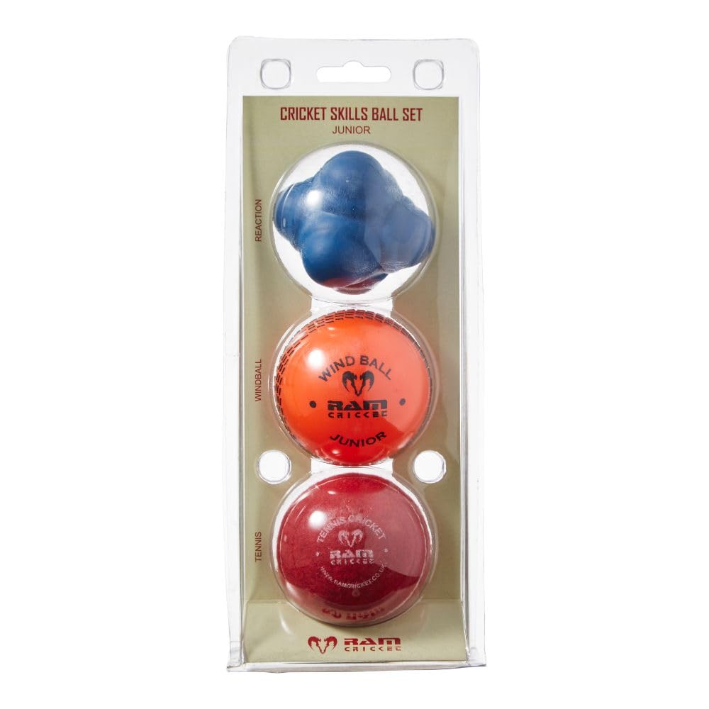 Ram Cricket Skill Balls Set - Junior - Includes 1 x Reaction Ball, 1x Wind Ball, and 1x Tennis Cricket Ball with Embossed Seams - Multi-Pack for Agility, Reflex, Bowling & Batting Training