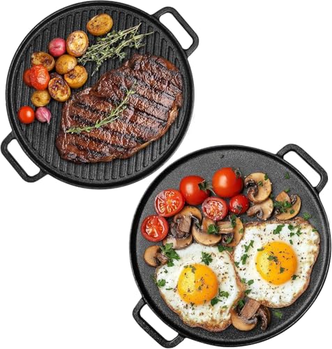 Double-Sided Cast Iron Griddle Pan, Non-Stick Pre-Seasoned Cast Iron Skillet BBQ Grill Plate, 30cm Non-Stick Griddle Pan with Handles for Gas Electric and Oven Safe, Round