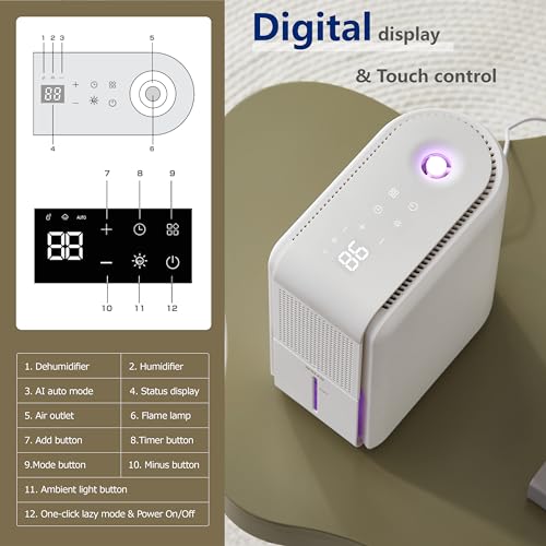 DINZAN 3 In 1 Humidifier Dehumidifier Combo With Air Filtration, Humidifiers Dehumidifier For Home Bedroom With Drain Hose Humidity and Temperature Display,5 Modes,7 Color LED Lights,Timer Set