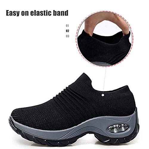 EXEBLUE Women Mesh Walking Shoes Slip on Breathable Fashion Sneakers Comfort Wedge Platform Loafers Black