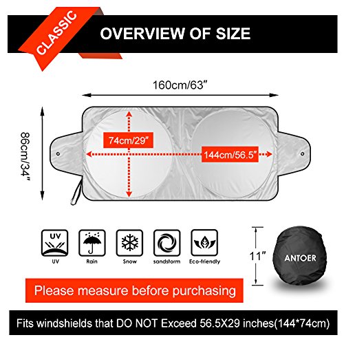 Antoer Car Sun Shade Travel Pouch, Large Sizes Windshield Sun Shade With 2 Ears Block Out 99% Uv Rays Heat & Snow Car Sun Shade Keep Automobile Cool Easy To Use 63”X31” (6097777597493)