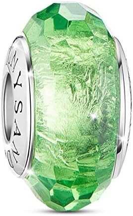 TINYSAND 925 Sterling Silver Czech Crystal Fascinating Facet Peridot Glass Charms Beads Spacers August Birthstone Solid Core Charm Fit All Bracelets