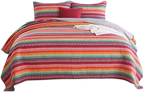 Jameswish Rainbow Boho Quilt Set Multicolored Striped Bedspread Queen Size Reversible Gray Quilted Coverlet Set 100% Cotton Bohemian Quilt Bedding Set