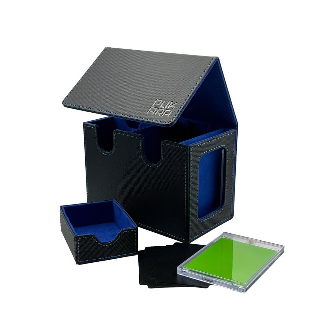 PUKARA Commander Card Deck Box for MTG. Card Storage with Magnetic Closure, MTG Deck Box, Includes 100 Card Sleeves, Dividers, Dice and Tokens Tray, 35PT Card Holder (Black and Blue)
