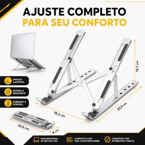 Suporte para Notebook e Tablet Linha Premium em Alumínio Dobrável e Ergonômico Para Desktop Portátil Ajustável em 6 Ângulos com Altura Regulável Leve Apoio Universal - Com estojo para armazenagem