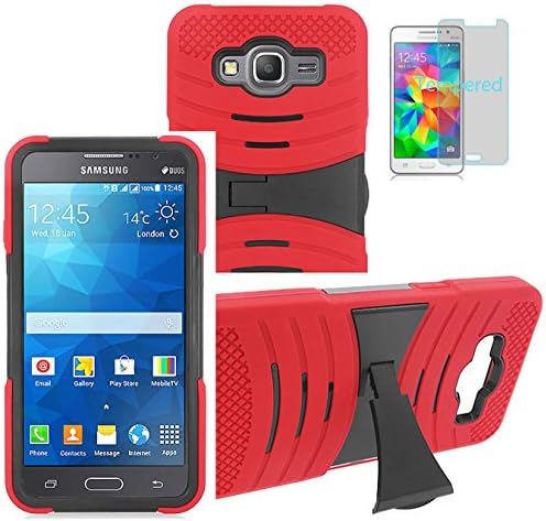 Tempered Glass+2Layer Rugged Armor Case Cover with Foldable Stand For Samsung Galaxy Grand Prime / Go Prime GoPhone Phone (Red on Black)