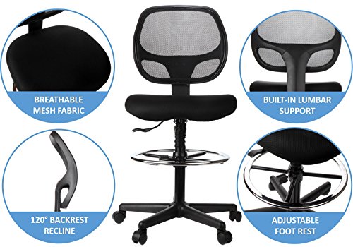 Sleekform Drafting Chair | Adjustable Stool with Wheels for Tables & Standing Desks | Reclining Backrest with Lumbar Support | Reinfored Footrest with Height Control | Breathable Mesh Back & Seat