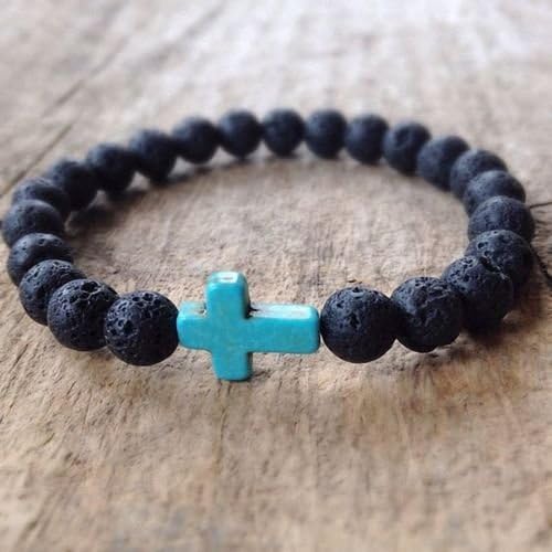 Blue Cross - Charm Mens Lava Rock Stone Turquoise Cross Beaded Elastic Bracelet Yoga Jewelry