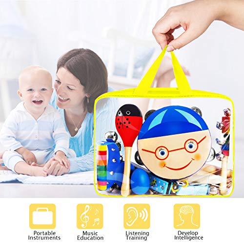 ShinePick Toddler Educational Musical Instruments Toys Set for Kids 15Pcs Wooden Percussion Instruments Tambourine Maracas Harmonica for Boys & Girls Preschool Education with Carry Bag