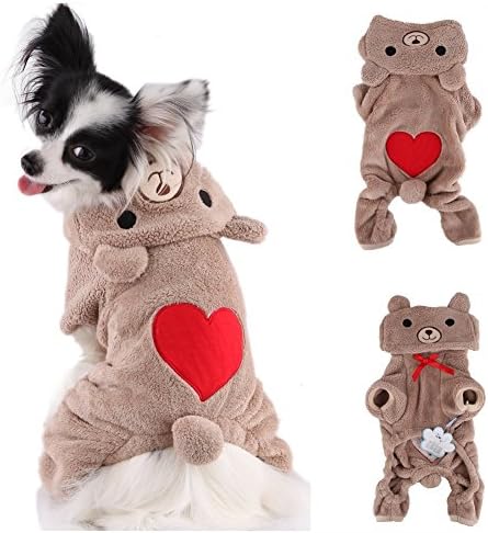 Vvhome Pet Puppy Dog Love U Red Heart Bear Warm Fleece Hoodie Winter Clothes Jumpsuit Coat for Small Medium Large Dogs Cats (Brown, XS)