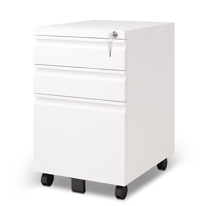 DEVAISE 3 Drawer Metal File Cabinet, Locking File Cabinet on Wheels, White