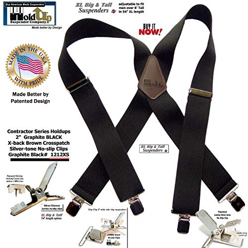 Holdup Suspender Company Brand 2" Wide XL Graphite Black Work Suspenders with Patented Silver Tone Jumbo No-slip Clips