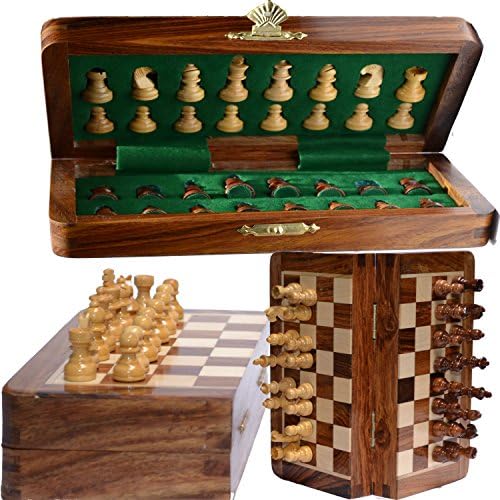 ChessBazar Chess Set - 7X7" Folding Standard Magnetic Travel Chess Board Game Handmade in Fine Rosewood with Storage for Chessmen