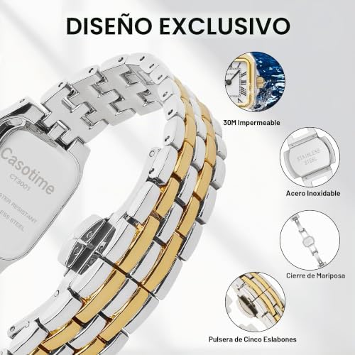 Relojes de oro para mujer, vintage, rectangular, delicada, joyería, reloj de pulsera pequeño, reloj delgado para mujer, esfera clásica con números romanos, resistente al agua hasta 3 ATM, con