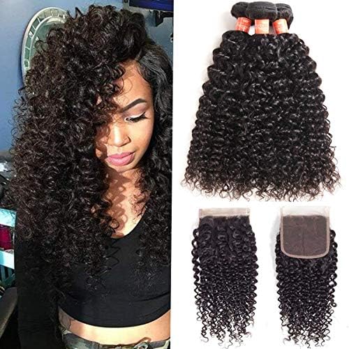 Levergreen Brazilian Virgin Curly Hair Weave 3 Bundles with Lace Closure Free Part 100% Unprocessed Brazilian Kinky Curly Human Hair Bundles with 4x4 Lace Closure Natural Color (10 12 14+10)