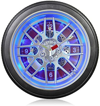 Wall Clock Personality LED Light Control Creative car tire Living Room Bedroom Mute Quartz Clock(Size:14 inches),Red,14inches