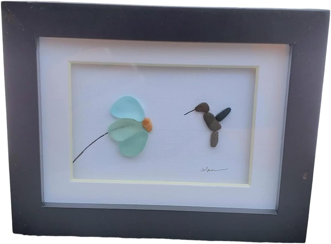 Mixed Media - Seaglass Hummingbird handmade art. Mini desk art. Perfect gift. Small black frame protected with glass. Handmade in Maine, unique gift Nature tumbled Sea glass and hand selected pebbles.
