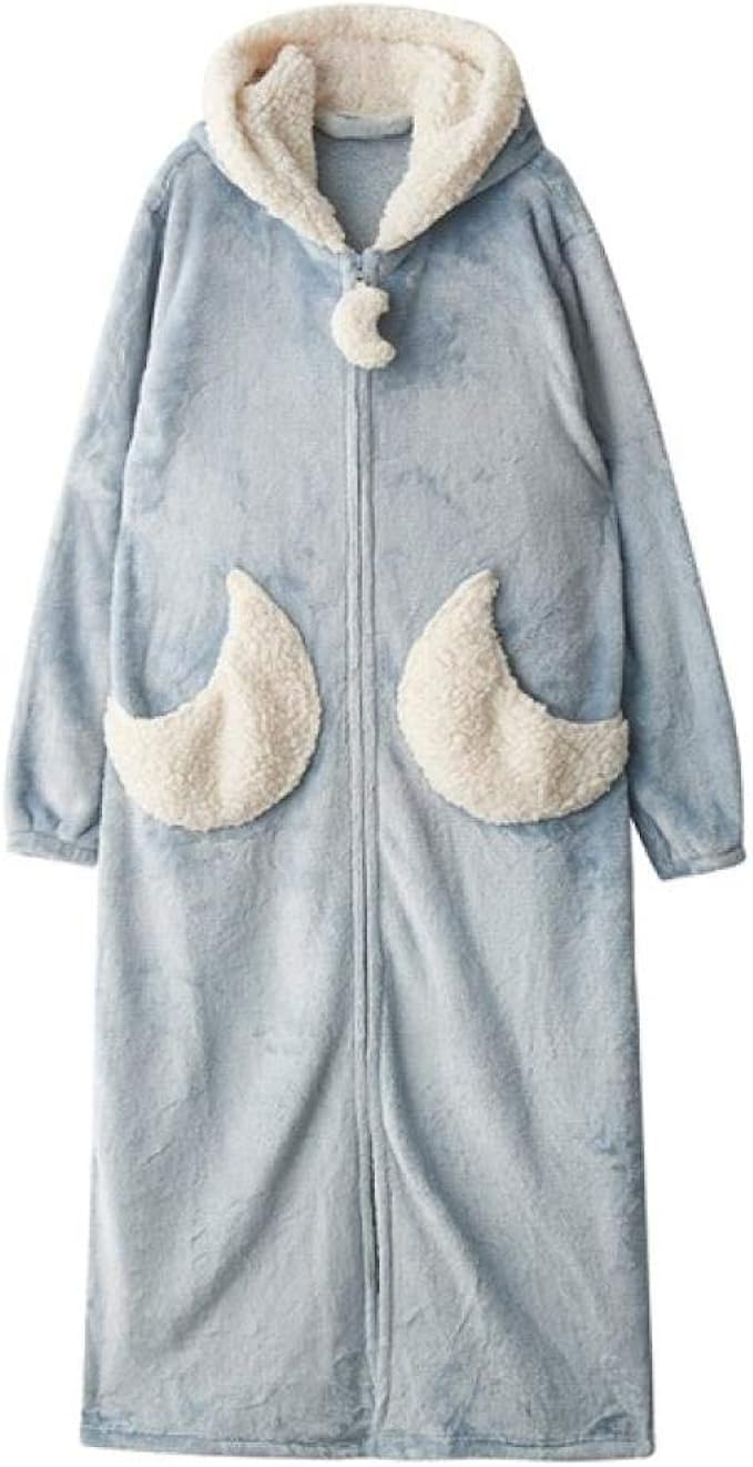 Women Bathrobe Coral Fleece Hooded Nightgown Moon Star Pocket Zipper