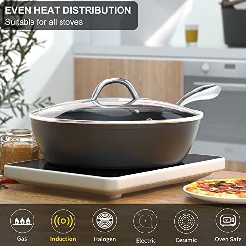 COOKER KING Deep Non Stick Frying Pan with Lid, 11-inch Saute Pan,Healthy Pans for Cooking, Induction Compatible | Stay-Cool Handle, | Dishwasher Safe | Oven Safe | Non-Toxic PFOA & PFOS Free (Black)