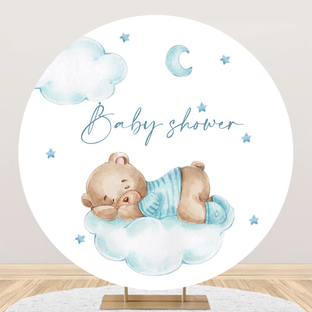 YongFoto 200cm Diameter Round Backdrop for Photography Blue Baby Bear Moon Night Background for Baby Shower Party Decor Children Baby Studio Portrait Photoshoot Round Props