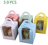 200 pack Individual Cupcake Boxes, Single Cardboard Cupcake Box with Inserts Bakery Cupcake Carriers with Window and Handle for Wedding Birthday Parties (Free Color, 50pcs)