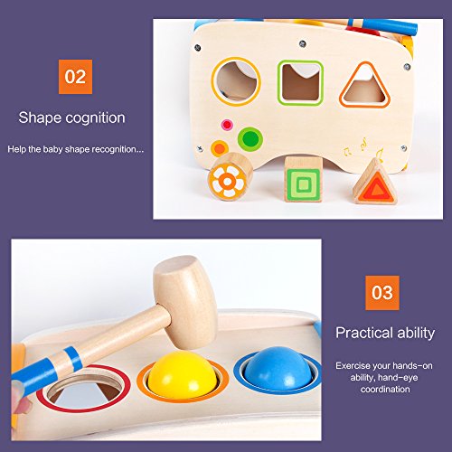 image for bodolo 3 in 1 Wooden Educational Set Pounding Bench Toys with Slide Ou