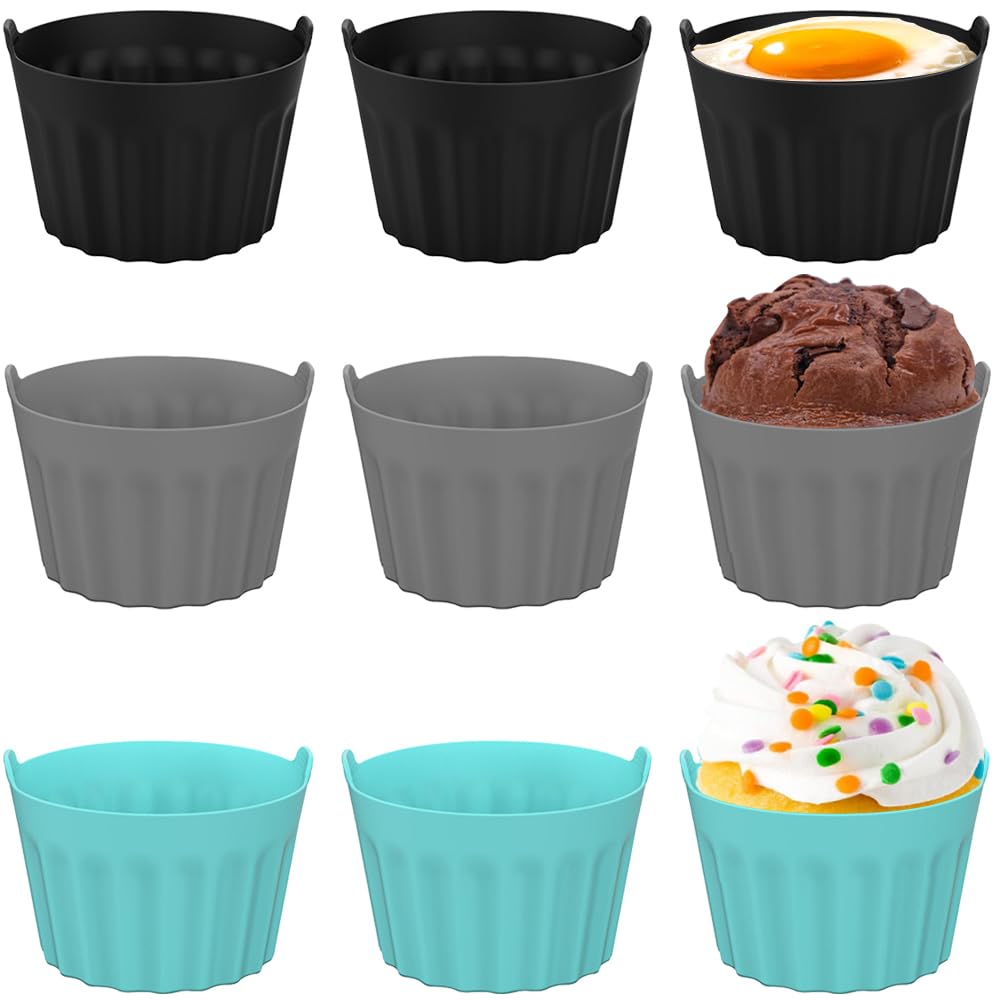 Silicone Muffin Cases 9 PCS – Reusable Silicone Cupcake Liners & Egg Cups for Air Fryer, Oven, Microwave, Non-Stick Baking Cups, Assorted Colors (Blue, Grey, Black)
